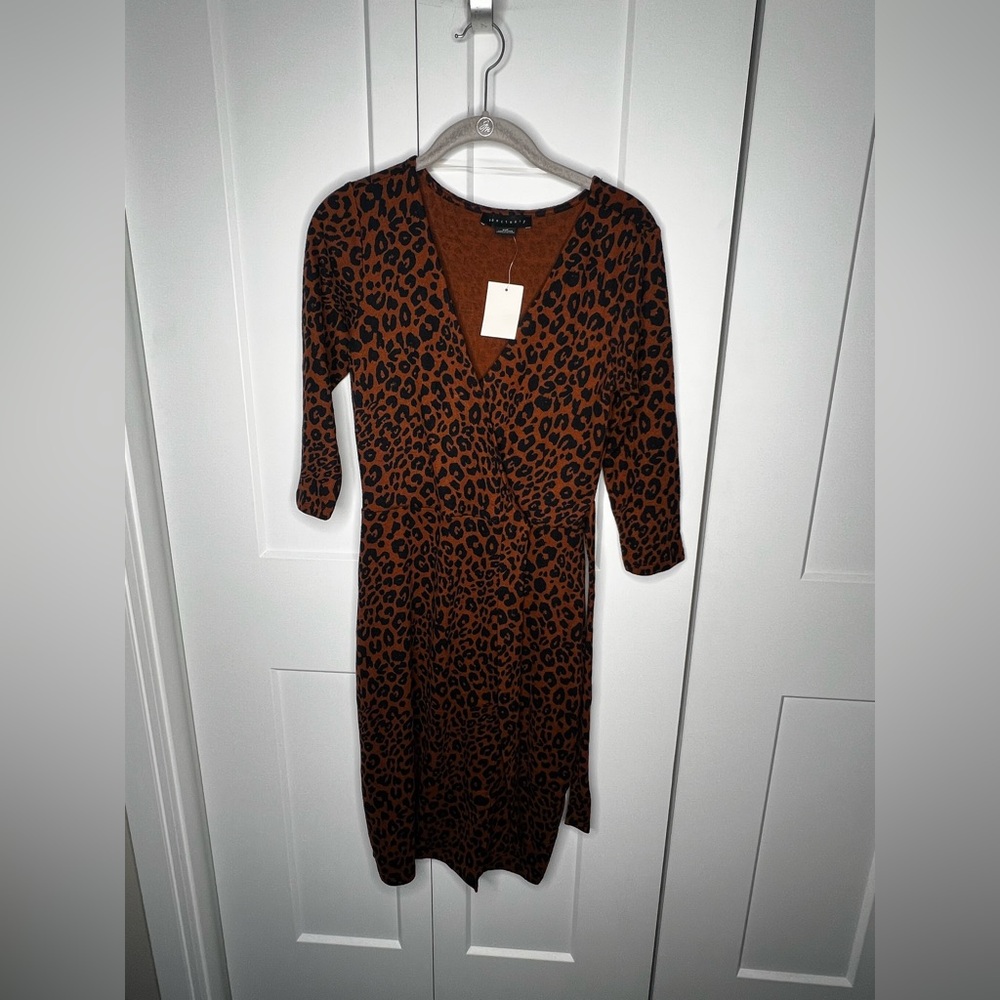 Sanctuary Leopard Animal Print Long Sleeve Faux Wrap Dress NWT Petite Size XSP